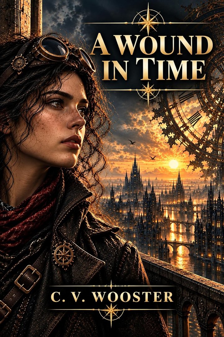 Cover of A Wound in Time by C. V. Wooster: a girl in brass goggles and a leather coat looks out over a spired city at sunset, with a giant clock gear behind her